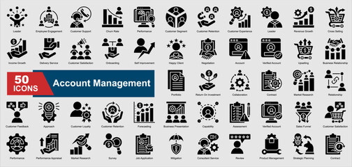 A collection set of glyph Account Management icons. Includes customer retention, negotiation, portfolio, sales funnel, collaboration, and more. Perfect for illustration and design.