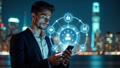 Businessman using smartphone with digital interface at night  