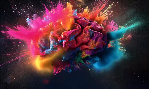 Exploding Colorful Brain Concept Against Dark Starry Background