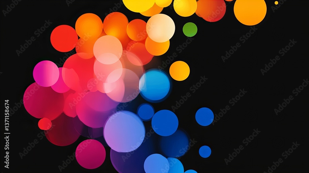 Poster colorful bokeh circles are scattered across a black background, creating a vibrant and abstract arra