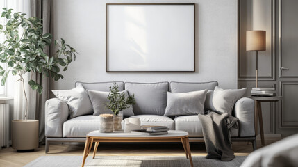 Elegnat living room interior design with mock up poster frame, grey corner sofa, coffee table and personal accessories. Pastel neutral colours. Template.