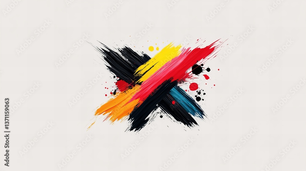 Poster colorful brushstrokes intersect at the center of a bright white surface, creating an abstract x shap