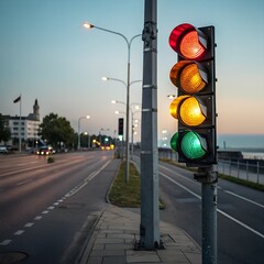 Traffic light at dusk on a city street
