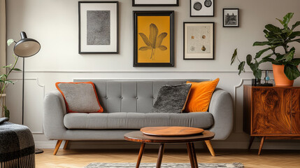 Stylish and retro interior of living room with design commode, gray sofa, round pendant lamp, vintage footrest, elegant accessories and mock up photo frames. Minimalistic home decor of sitting room. 
