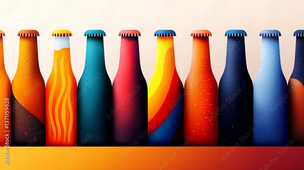 Aufkleber colorful bottles stand aligned on a surface with gradient hues and varied abstract designs.