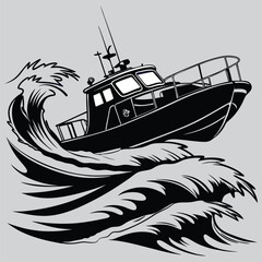 A rescue boat speeding through rough seas image silhouette design vector art and illustration 