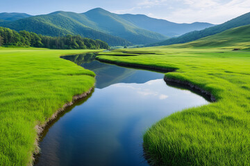 Obraz premium Winding blue river through bright green valley with forested mountain backdrop