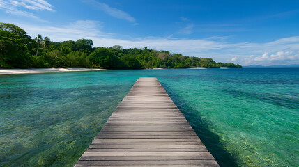 Obraz premium Wooden Pier Leading To Tropical Beach And Turquoise Water