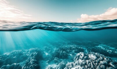 Sunlight filters through turquoise ocean water onto a vibrant coral reef under the sea.