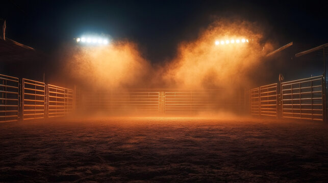 Desolate rodeo arena illuminated by bright lights and lingering smoke. Concept Rodeo Arena, Bright Lights, Smoke, Desolate Setting