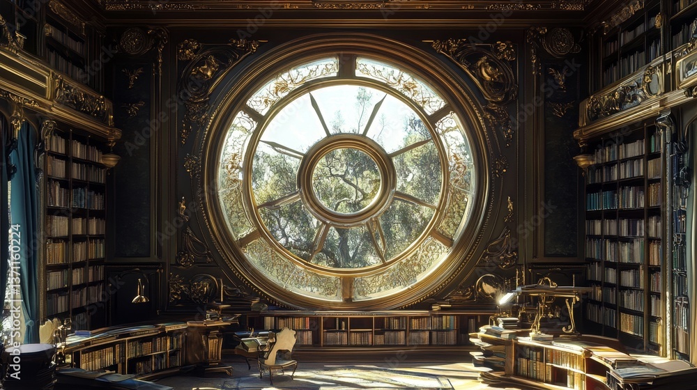 Poster ornate library features a large round window.