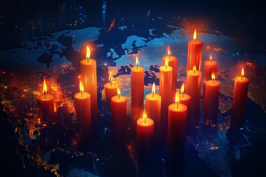 Dynamic stock market candlestick chart with global map and financial data concept for business use - Powered by Adobe