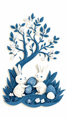Obraz premium Two paper rabbits nestled under a flowering tree with Easter eggs
