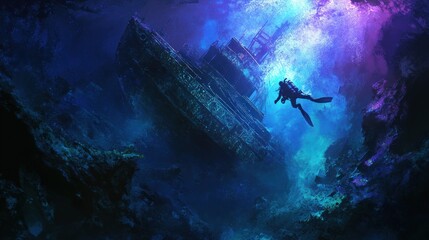 Diver Exploring Sunken Shipwreck Underwater with Dark and Moody Lighting
