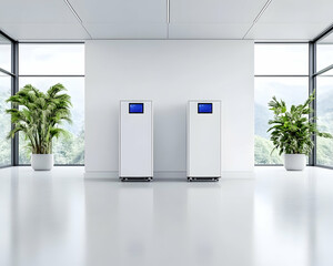 Two sleek white energy storage units in a modern office with large windows and potted plants