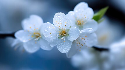 Obraz premium Delicate white blossoms with dew drops