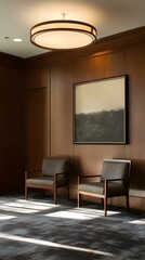 Elegant waiting area with two armchairs, a large painting, and a modern ceiling light fixture.