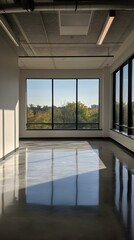 Fototapeta premium Sunlit modern office with large windows showcasing a scenic autumnal view. Ideal for real estate, architecture, or business presentations.
