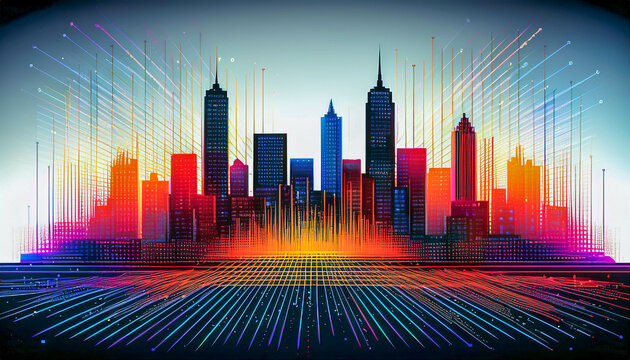  a minimalist downtown skyline composed of layered vector elements that evoke depth through parallax animation; overlay a transparent, kinetic heat map  