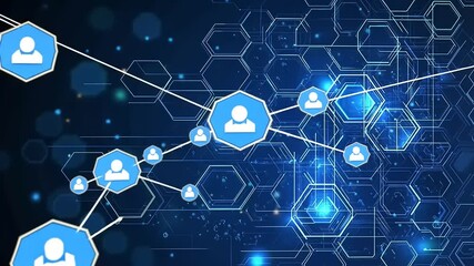 Digital network connections with user icons and hexagonal patterns on a blue background - Powered by Adobe