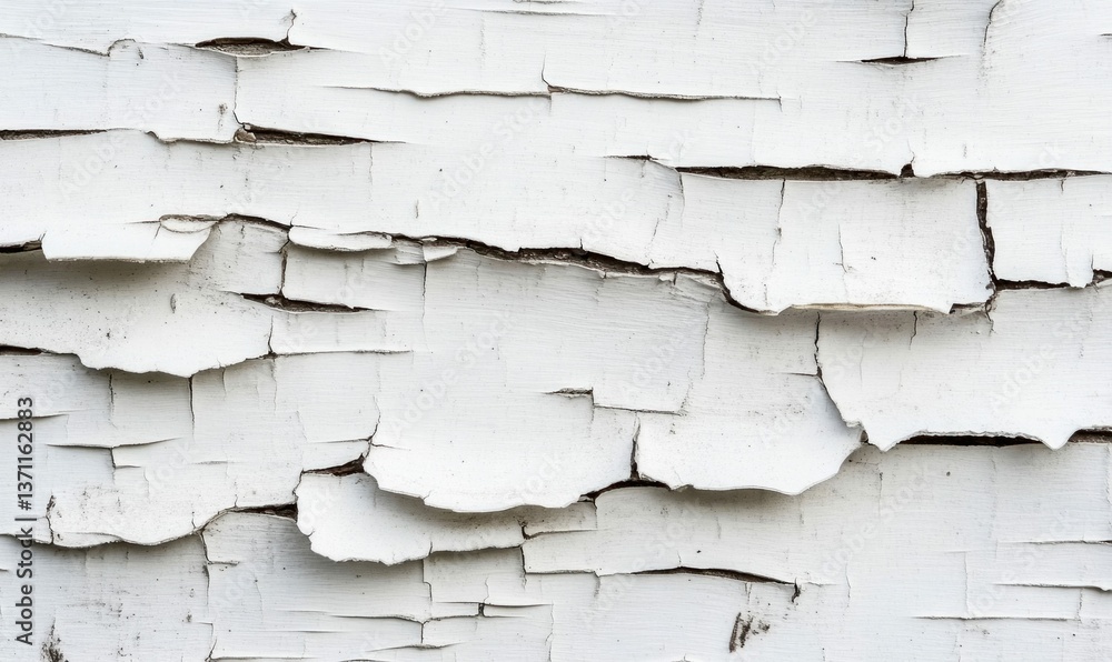 Poster close-up shows the severe peeling of a weathered white painted surface creating an abstract texture.
