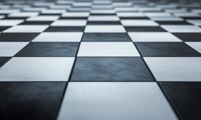 Naklejka premium Close-up of a black and white checkered tile floor creating a visually interesting pattern.