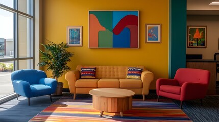 Modern waiting area with vibrant yellow walls, colorful artwork, comfy mustard sofa, blue and red armchairs, and a striped rug.