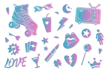 set of symbols 90s female beauty roller skates mouth lipstick stencil