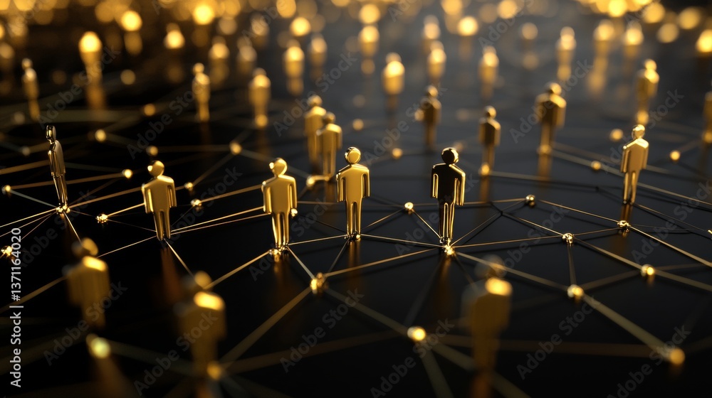 Poster 3d visualization of human connection network with golden figures on black background design