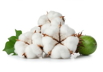 Close up of cotton boll with green leaf and seed pod isolated on a white background