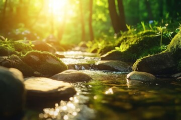 Fototapeta premium Serene summer forest scene featuring a stream and moss covered stones bathed in sunlight