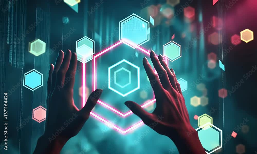 Aufkleber hands interacting with neon hexagon shapes and digital interface
