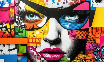 Tableau sur plexiglas  A captivating mural presents a stylish woman with bright eyes, composed of dynamic graffiti and colorful fragments.  © NovaVision