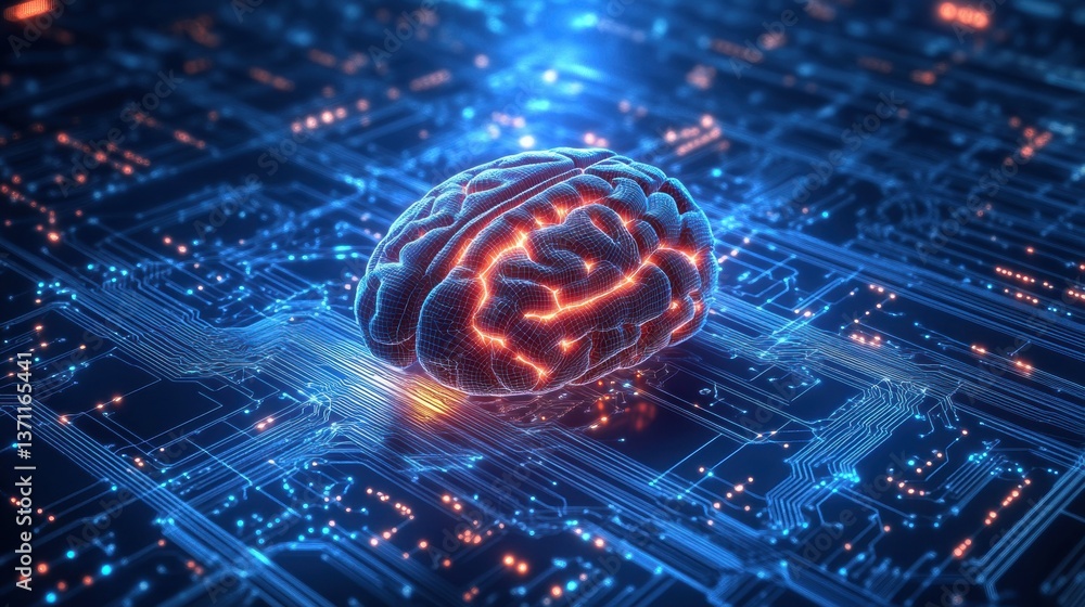 Poster Futuristic AI digital backdrop featuring glowing neural connections and deep blue circuit patterns highlighting modern technology