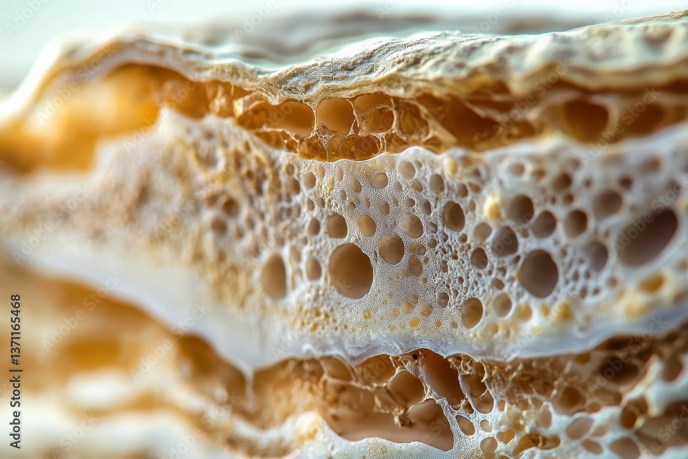 Poster macro of porous rock formation, with layered textures and varied hole sizes. use for science, nature
