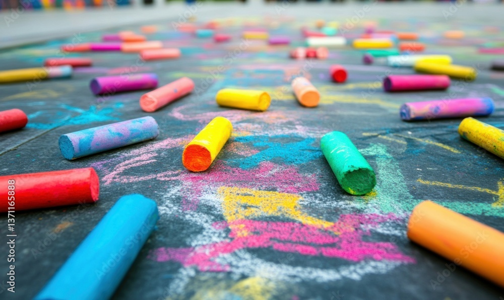 Aufkleber a vibrant scene of colorful chalks scattered on the ground, creating an abstract art backdrop.