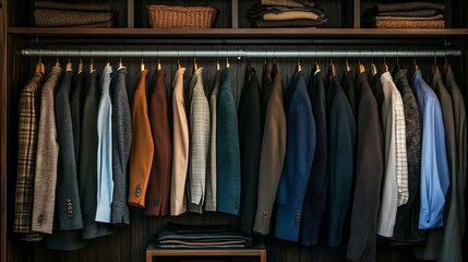 Organized men's suits hanging in a closet.  A variety of colors and textures.  High-end wardrobe.