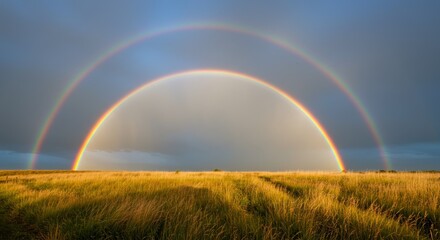 Naklejka premium Vibrant double rainbow spanning a serene grassy landscape under a partly cloudy sky, evoking a sense of tranquility and hope