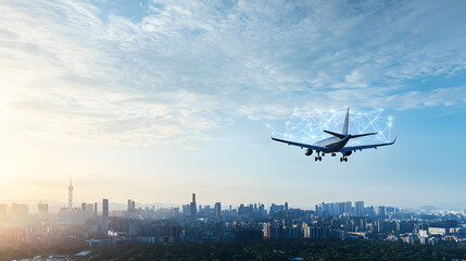 Airplane Landing Over Cityscape At Sunrise