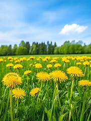 Fototapeta premium Vibrant yellow dandelions blooming in a lush green field under a bright blue sky