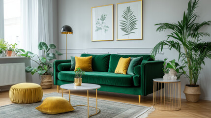 Luxury living room in house with modern interior design, green velvet sofa, coffee table, pouf, gold decoration, plant, lamp, carpet, mock up poster frame and elegant accessories. Template. 