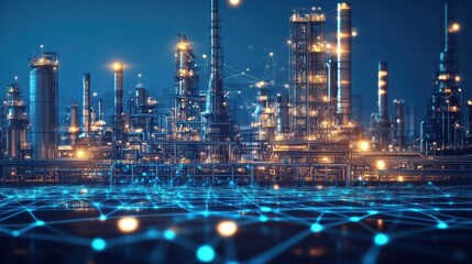 Futuristic oil refinery at night with glowing digital network overlay. It can represent technology, energy, industry, or future development.