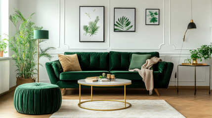 Luxury living room in house with modern interior design, green velvet sofa, coffee table, pouf, gold decoration, plant, lamp, carpet, mock up poster frame and elegant accessories. Template. 