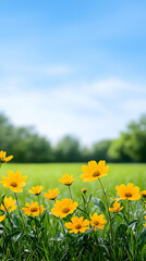 Fototapeta premium Vibrant yellow wildflowers in a lush green field against a clear blue sky