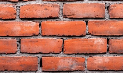 Obraz premium A close-up shows a textured orange brick wall with gray mortar in a running bond pattern.