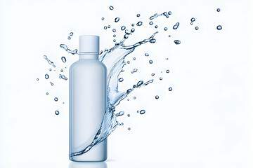 Water splash surrounding a clear bottle