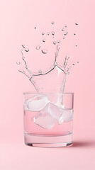 Water splashing into glass with ice cubes on pink background