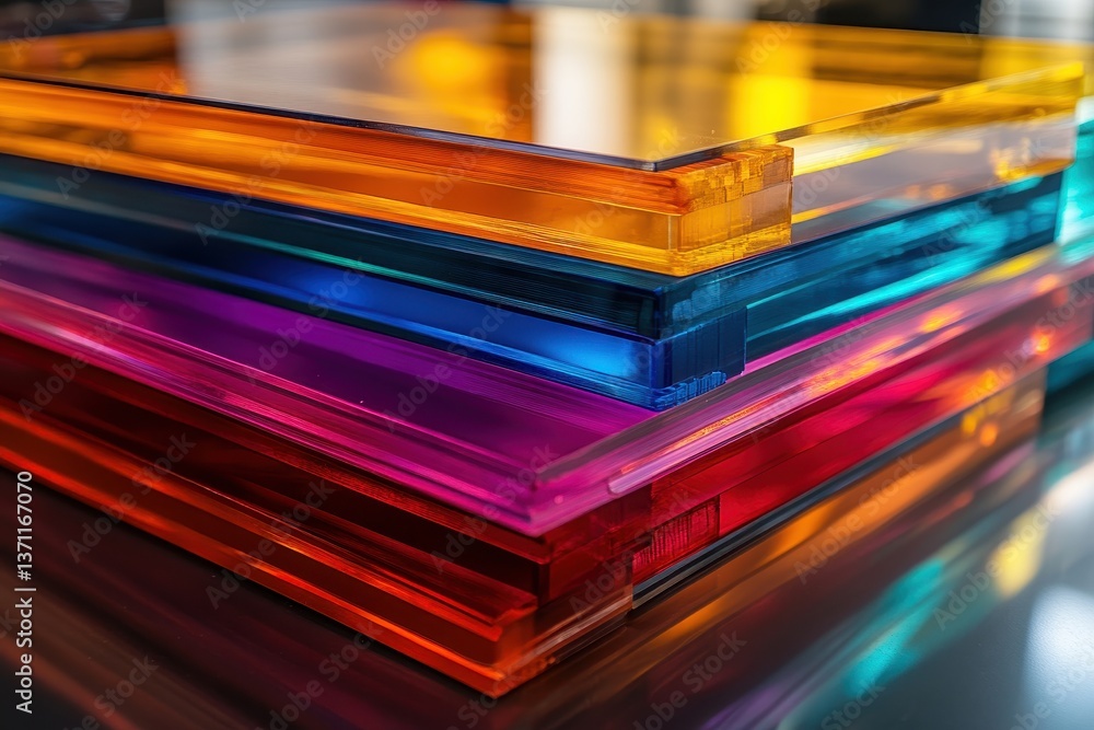 Poster stacked colorful transparent acrylic sheets with reflections in the surface. use to show vivid color