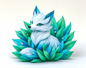 Whimsical white fox nestled amongst teal and green leaves, adorned with sparkling gems
