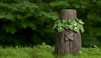 Whimsical tree stump with floral crown in lush greenery